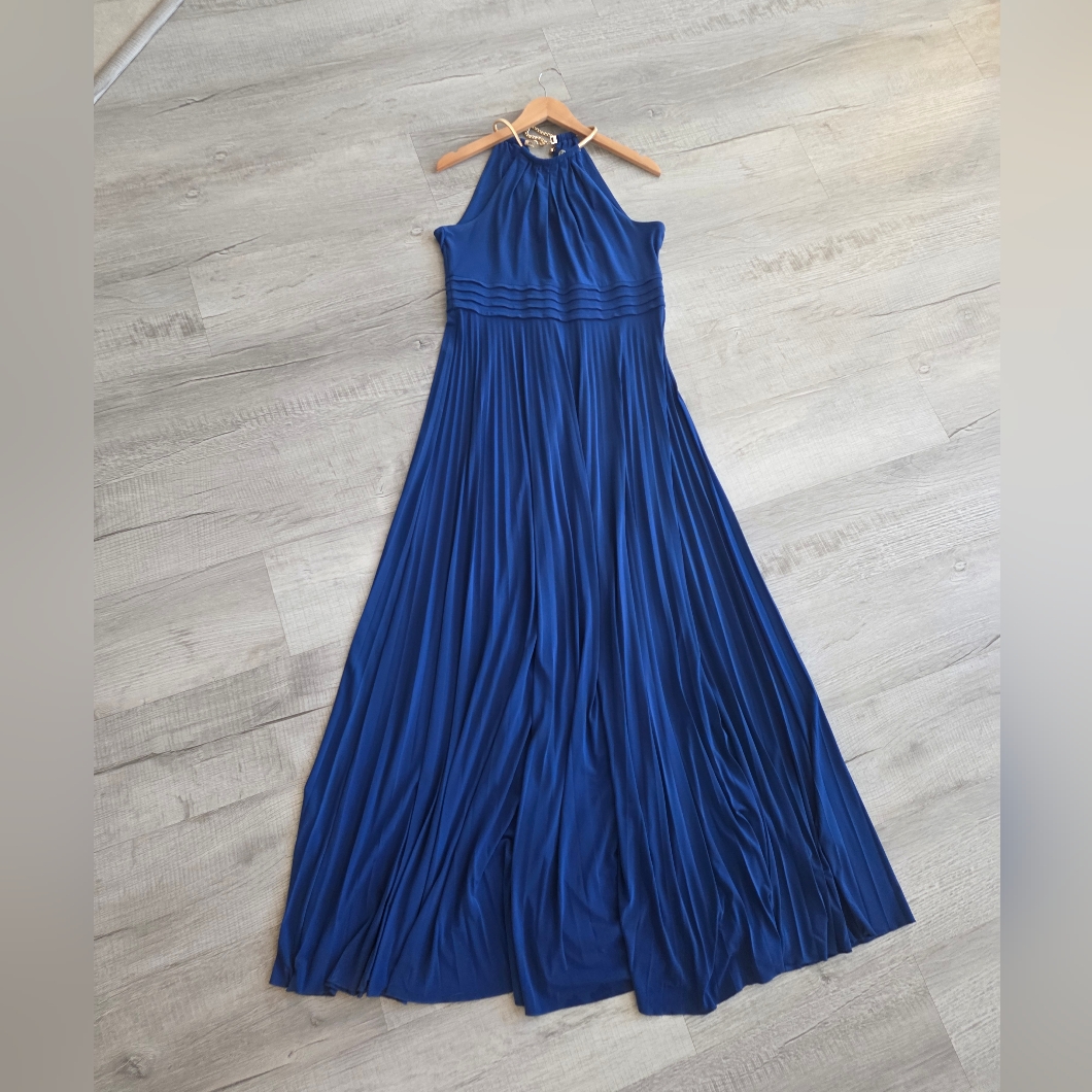 Eliza J - Royal Blue Formal Dress, Pleated Skirt, Gold Chain Neckline 12